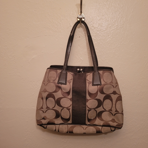 COACH SIGNATURE STRIPE FRAMED KISSLOCK CARRYALL - Picture 2 of 3